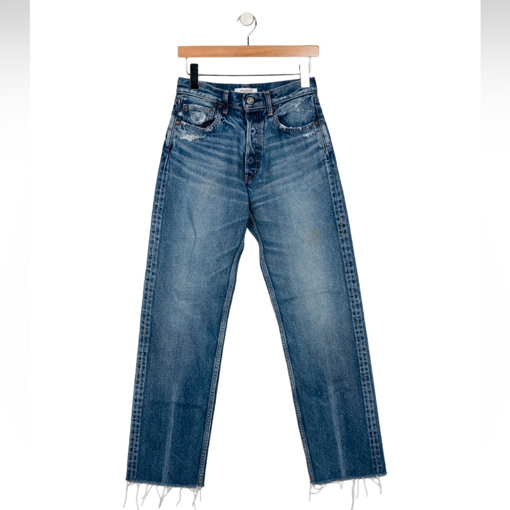 Moussy Vintage Straight Leg Jeans in Mid Blue Distressed Denim